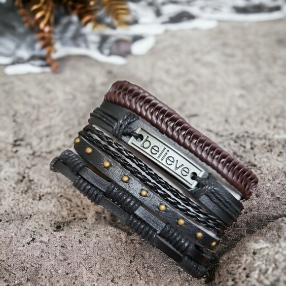 Unisex Leather Bracelet 4 Piece Set - Picture 4 of 8